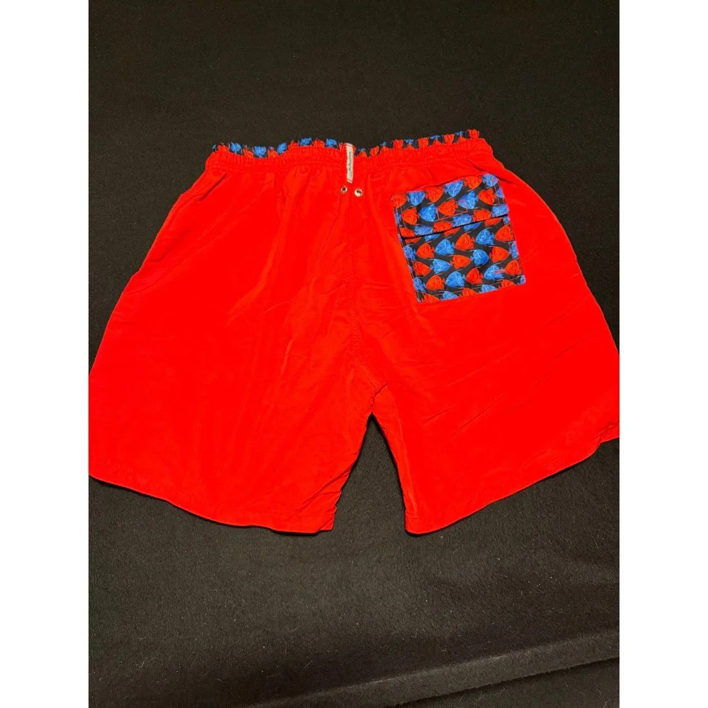 Bugatchi Mens Red Swim Trunks Floral Trim Mesh Lined Nylon Board Shorts Large